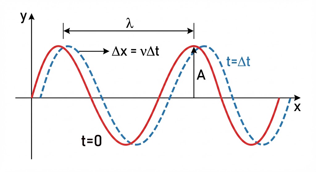 Snapshot of wave at t=0 and t=Δt showing wavelength and speed